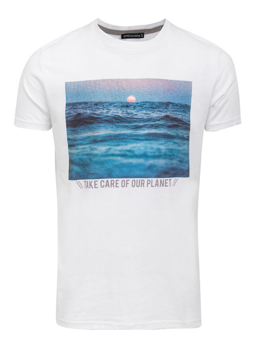 Tricou Bărbătesc Din Bumbac Alb Stitch & Soul