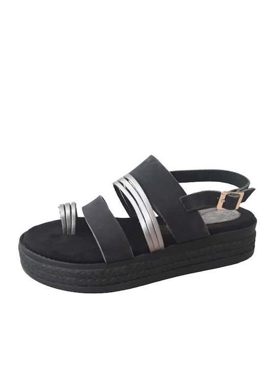 Leather Flatform Silver Details Narrow Fit Choose One Size Larger 1010 Black Women's Flat Sandals