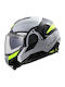 LS2 Advant II Triple Matt Light Grey H-V Yellow Motorcycle Helmet Flip-Up ECE 22.06 1750gr with Pinlock and Sunvisor