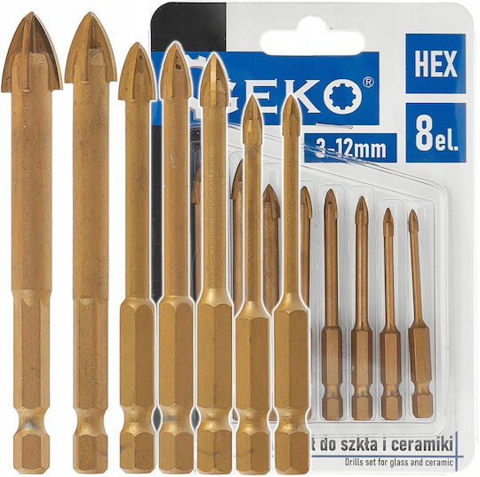 Geko Set of 8 Drills Carbide with Hexagonal Shank for Glass και Tiles