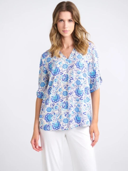 Women's Blouse with 3/4 Sleeve & V Neckline Royal Blue