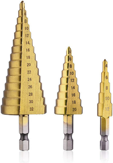 Set of 3 Conical Drills Titanium with Hexagonal Shank for Metal