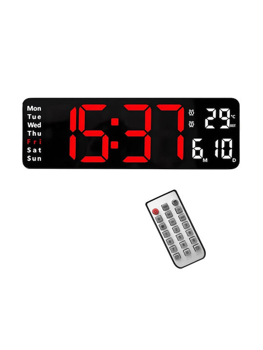 Digital Wall Clock LED Display 13 Inches Remote Control Dual Use 16961-6629 Black Frame/red-white Digits
