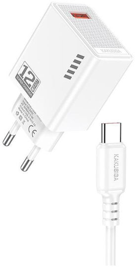 Kakusiga Φορτιστής με Θύρα USB-A και Καλώδιο USB-C 12W Λευκός (KSC-1236)