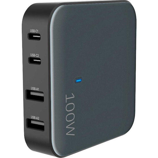 Yenkee Βάση Φόρτισης με 2 Θύρες USB-A και 2 Θύρες USB-C και Καλώδιο USB-C 100W Power Delivery / Quick Charge 2.0 / Quick Charge 3.0 / Quick Charge 4+ / Quick Charge 4.0 σε Μαύρο χρώμα (YAC 4100)