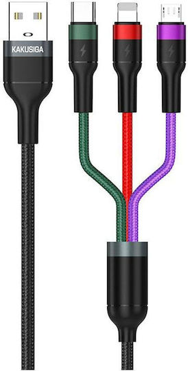 Kakusiga Braided USB to Lightning / Type-C / micro USB Cable Μαύρο 1.2m (KSC-481/BLACK)