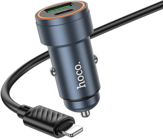 Hoco Автомобилен Зарядно Устройство 30W 3A Бързо Зареждане с Портове 1xUSB-A 1xType-C с Кабел Lightning Черен Цвят