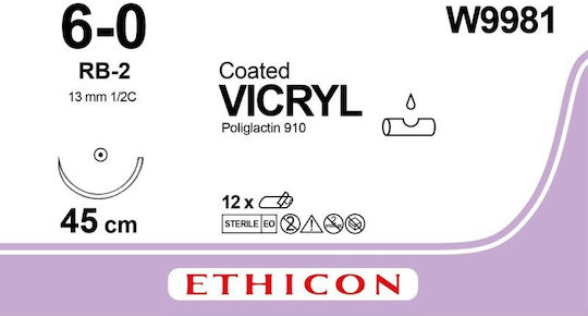 Ethicon Vicryl Dissolvable 6/0 Round Needle 13mm 45cm W9981