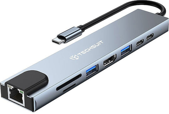 Techsuit Netbridge 8 In 1 (H2) USB-C Docking Station με HDMI 4K PD Ethernet Γκρι