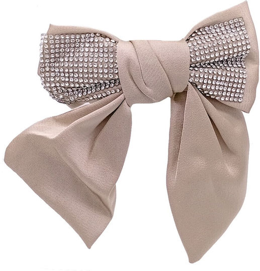 Satin Glam Bow Strass & Metal Clip Golden Beige