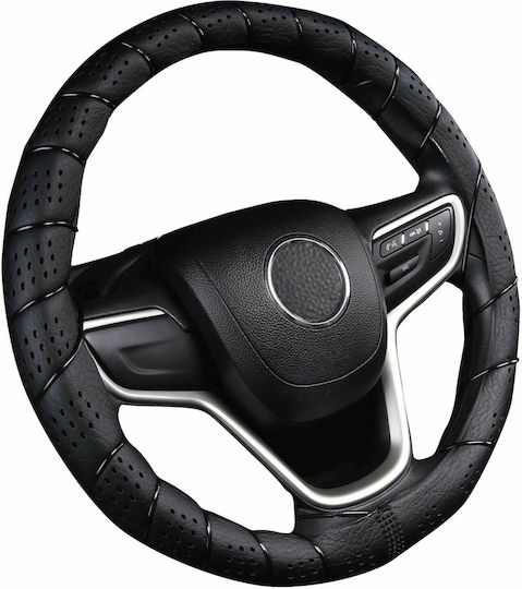 Car Steering Wheel Cover with Diameter 35-41cm made of Leatherette Black with Black Stitching
