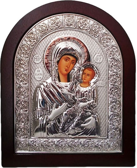 Heiligenikone der Heiligen Maria Emaillierte Silberbeschichtete Oval Holzbasis