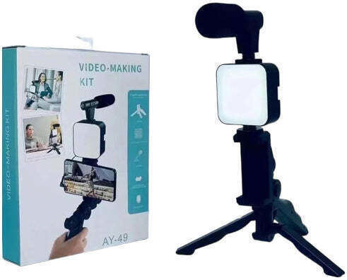 Camera Phone Tripod Led Light Microphone – Vlogging Video Kit Ay-49