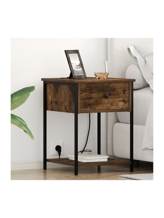Metal Bedside Table with Smoky Oak Glass Surfac...