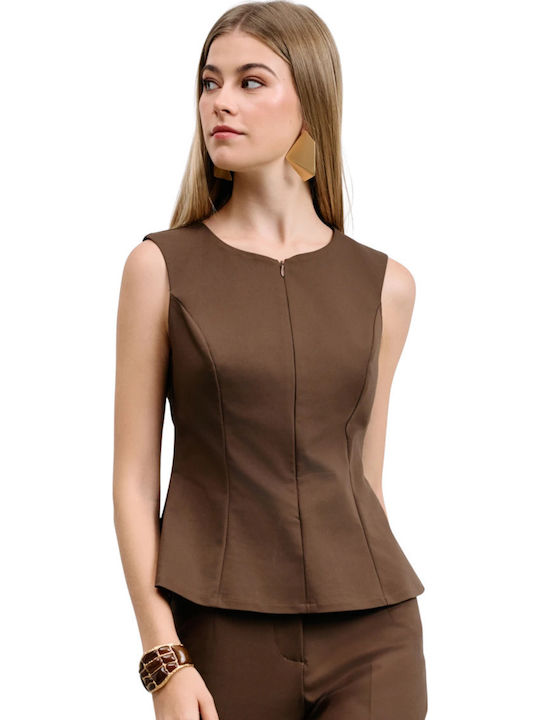 Women's Blouse Cotton Sleeveless with Zipper Brown