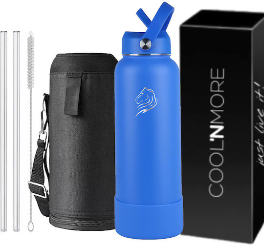 Cool'NMore Thermos Bottle Stainless Steel BPA Free 1lt Royal Blue With Handle Straw Loop And Mouthpiece