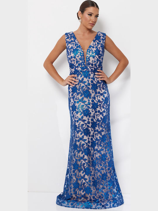 Maxi Abendkleid mit Spitze & Transparenz Blau