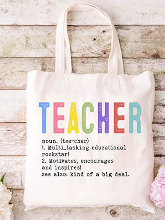 Τσάντα Πάνινη Υφασμάτινη Εκρού Σχέδιο Teacher 05 Διαστάσεις 38x40cm Μαζί Χερούλια 38x70cm