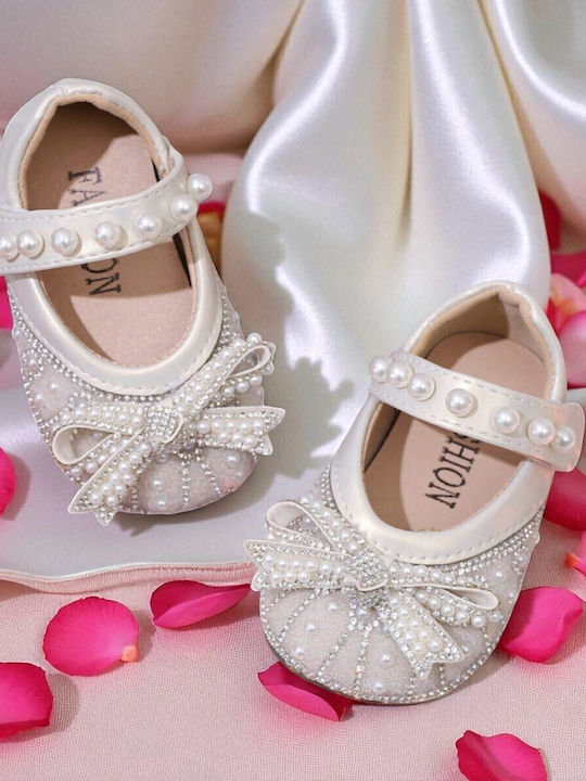 Kids Leather Ballerinas with Hoop & Loop Closure Ecru