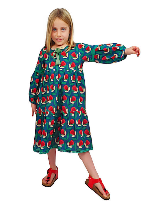 Kinderkleid Langärmelig Blumen Turquoise