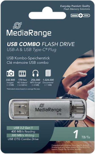 MediaRange 1.0TB USB 3.2 Stick with connection USB-A & USB-C Silver