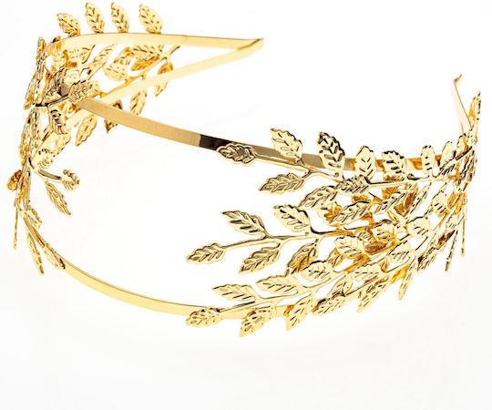 Double Metal Bridal Headband Decorated with Embossed Leaves Gold