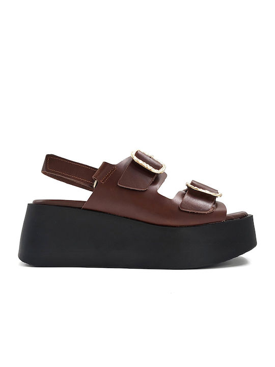 Leather Women's Flat Sandals Flatforms in Brown Color
