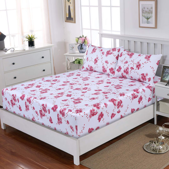 Casa Colori Cherry Blossom Σεντόνι Διπλό με Λάστιχο 140x200+30εκ. Ροζ