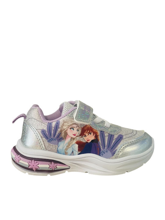 Frozen Παιδικά Sneakers Ανατομικά με Σκρατς & Φωτάκια Ασημί