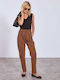 Women's High-waisted Fabric Trousers with Elastic Regular Fit Brown