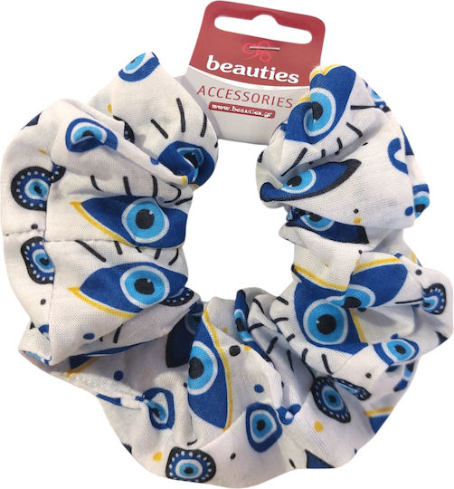 Handmade Hair Scrunchy White Blue Yellow Eyes Greek
