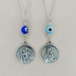 Mitropoulos Car Charm Silver 925° Double-Sided Saint Christopher-Virgin Mary & Eye Chain Fi133-2