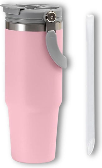 Uncle George Glass Thermos Stainless Steel / Aluminum BPA Free 900ml Mouthpiece Straw Pink with Mouthpiece and Straw