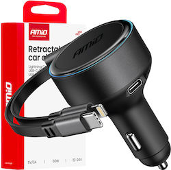 AMiO Auto-Ladegerät mit Anschluss 1xType-C und Kabel Blitzschlag / Typ-C,TC-TC