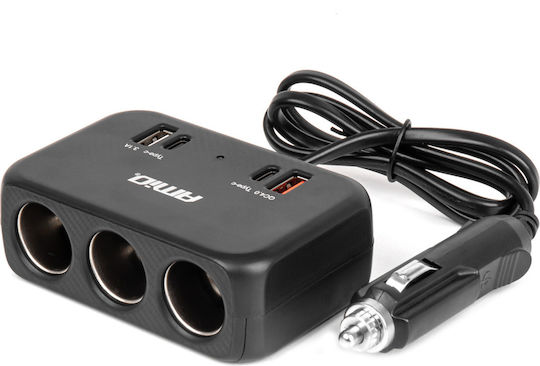 AMiO Car Charger 120W Fast Charging with Ports: 1xUSB 1xType-C 3xLighter with Cable Embedded Black Color