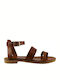 Leather Women's Flat Sandals in Tabac Brown Color