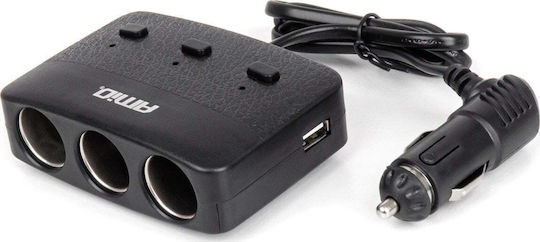 AMiO Car Charger 100W with Ports: 2xUSB 3xLighter with Cable Embedded Black Color