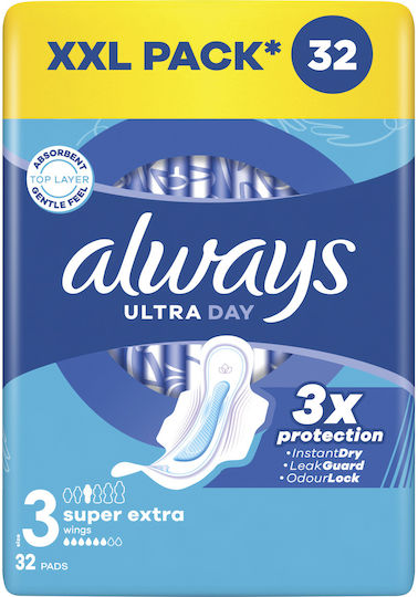 Always Ultra Super Extra Hygienepads mit Flügeln Nacht für Starke Strömung 6 Tropfen Größe 3 32Stück