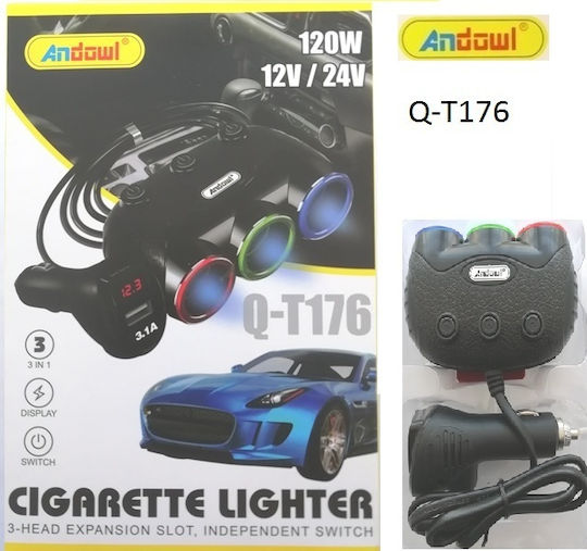 Andowl Qt176 Car Charger 120W with 3 Lighter Ports