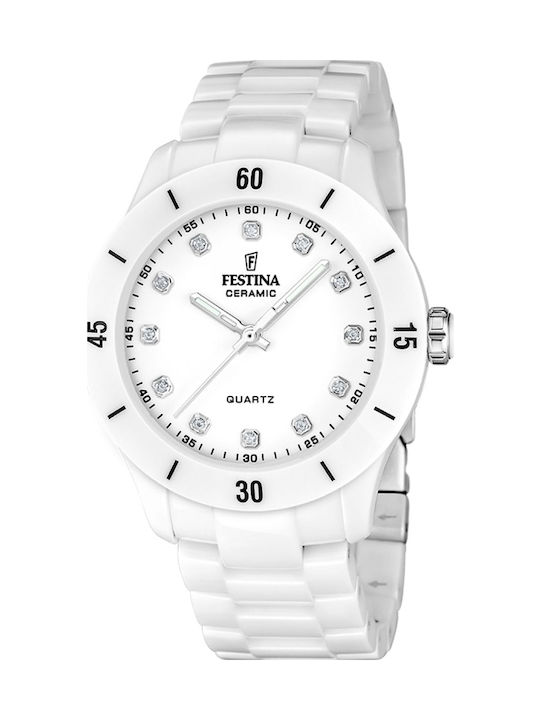 Festina Дамски Часовник 38мм Кварцов с Бяла Керамична Верижка