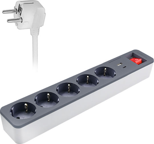 Sonora Power Strip with Surge Protection 5 Positions with 2 USB-A, USB-C, Switch and Cable 1.4m