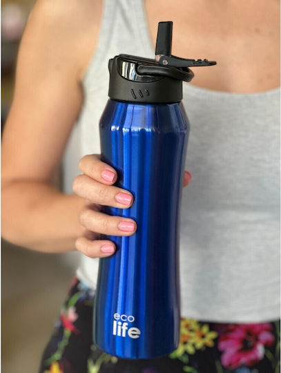 Ecolife Recyclable Bottle Thermos Stainless Steel / Plastic BPA Free 550ml Blue with Straw