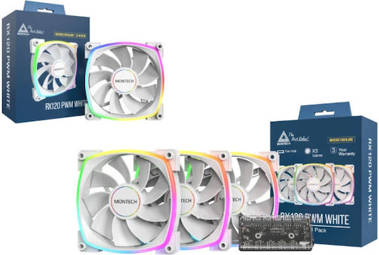 Montech Reverse Blade Case Fan 76.2mm (1600rpm / 59cfm) with ARGB Lighting and Connection 4-Pin PWM / 3-Pin Pack of 3 White