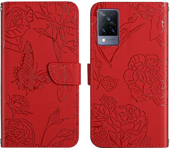 Skin Feel Butterfly Peony Wallet Synthetic Leather Red (Vivo V21 5G)
