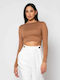 Damen Crop Top Langarm Camel