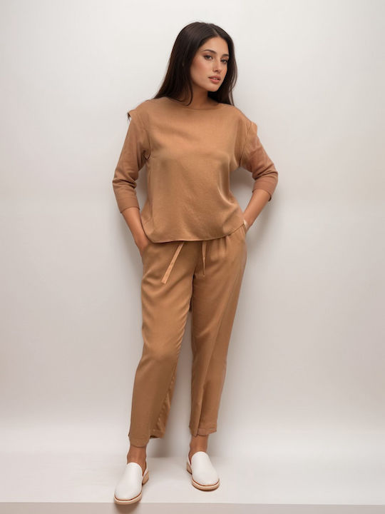 Innocent Damen Hoch tailliert Stoff Hose mit Gummizug Camel