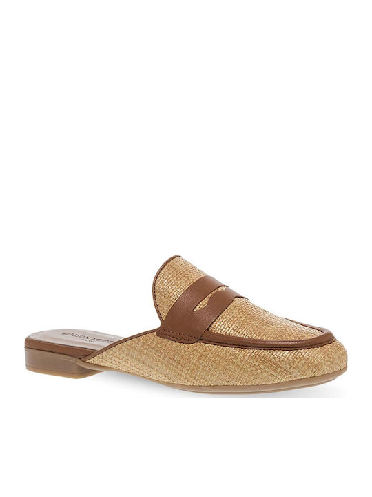 Leather Mules with Heel in Tabac Brown Color