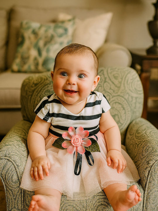 Children's Dress Short Sleeve Tulle Striped Pink