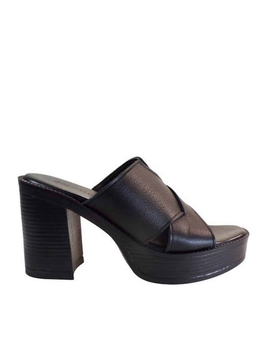 Leather Women's Mules with Chunky High Heel in Black Color