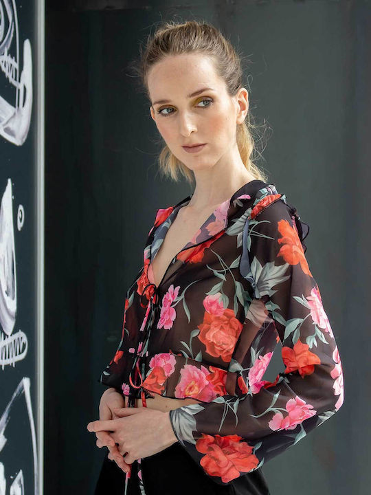 Damen Crop Top Langarm Blumen Black